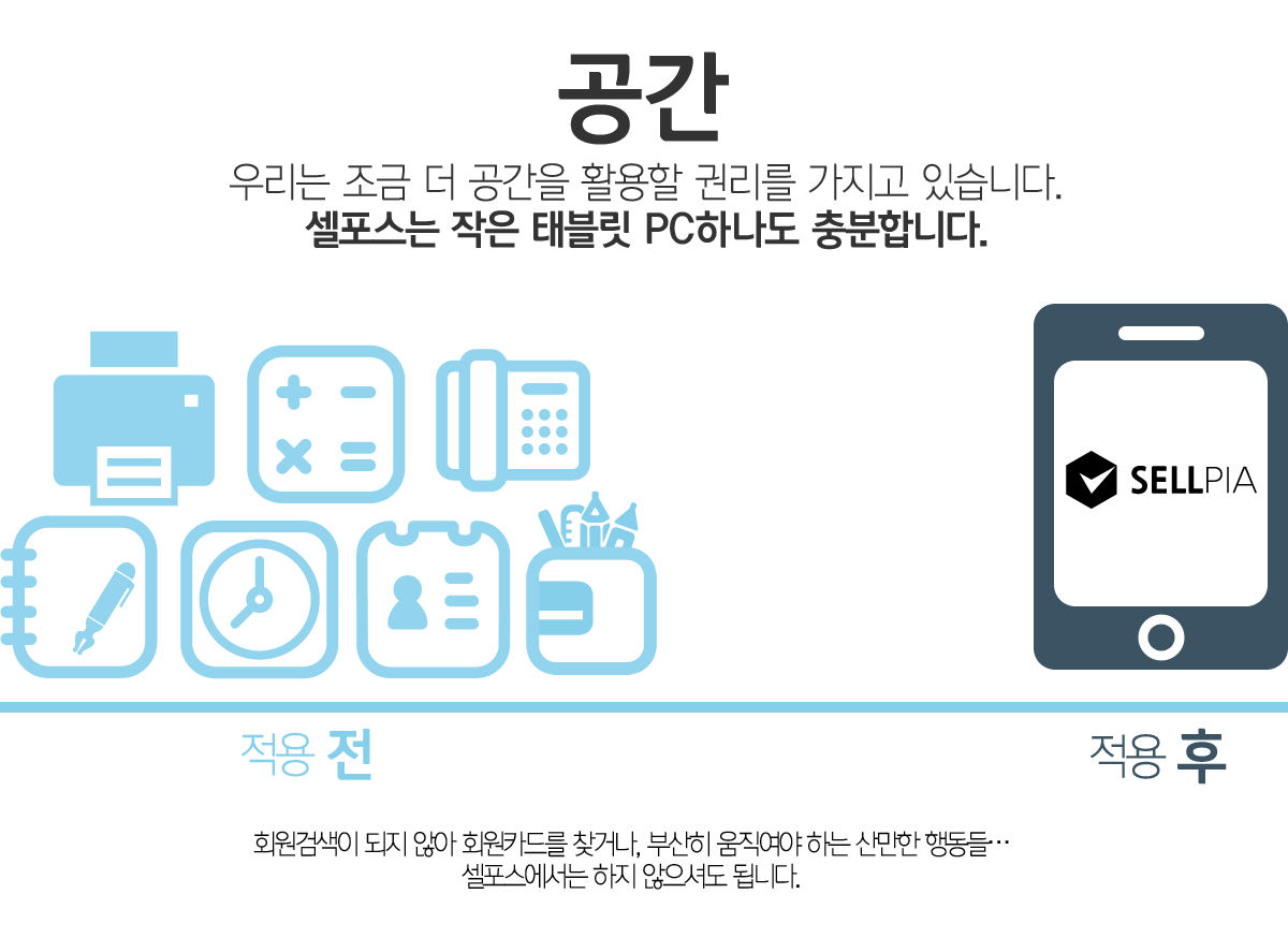 공간 우리는 조금 더 공간을 활용할 권리를 가지고 있습니다. 셀포스는 작은 태블릿 PC하나도 충분합니다.
